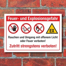Schild Feuer Explosionsgefahr Rauchen verboten Zutritt verboten Alu-Verbund 450 x 300 mm