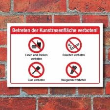 Schild Kunstrasenfläche Essen Rauchen Glas Kaugummi verboten 3 mm Alu-Verbund