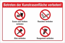 Schild Kunstrasenfläche Essen Rauchen Glas Kaugummi verboten 3 mm Alu-Verbund