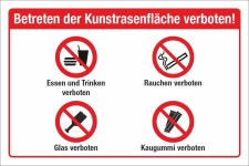 Schild Kunstrasenfläche Essen Rauchen Glas Kaugummi verboten 3 mm Alu-Verbund 450 x 300 mm