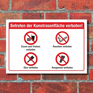 Schild Kunstrasenfläche Essen Rauchen Glas Kaugummi verboten 3 mm Alu-Verbund 600 x 400 mm