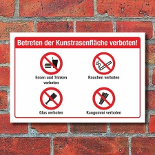 Schild Kunstrasenfläche Essen Rauchen Glas Kaugummi...