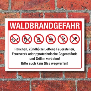 Schild Waldbrandgefahr Rauchen Feuer Grillen Feuerwerk verboten 3 mm Alu-Verbund 450 x 300 mm