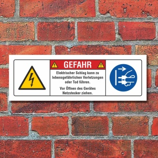 Sicherheitsschild Elektrischer Schlag Netzstecker ziehen 3 mm Alu-Verbund  300 x 100 mm