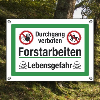 PVC Banner Plane Baumfällung Forstarbeiten Lebensgefahr STOPP Durchgang verboten Reiten verboten 70 x 50 cm
