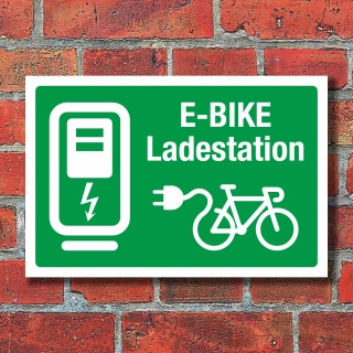 Schild E-Bike Ladestation Elektrofahrrad aufladen grün 3 mm Alu-Verbund 300 x 200 mm