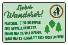 Schild Wanderer Müll mitnehmen Müll in Natur entsorgen verboten Hinweisschild 3 mm Alu-Verbund 300 x 200 mm