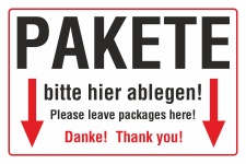 Schild Pakete bitte hier ablegen Danke Thank you mit Pfeilen Hinweisschild 3 mm Alu-Verbund 600 x 400 mm