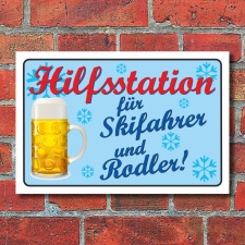 Schild Hilfsstation für Skifahrer und Rodler...