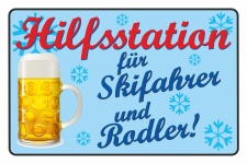 Schild Hilfsstation für Skifahrer und Rodler...