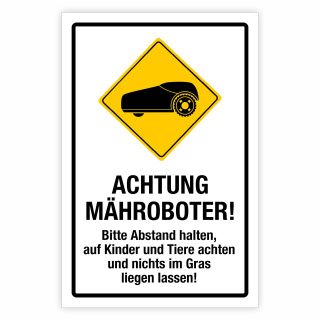 "Achtung Mähroboter Rasenroboter Rasenmäher Abstand halten" – Hochwertiges Sicherheitsschild für den Außenbereich 3 mm Alu-Verbund 450 x 300 mm