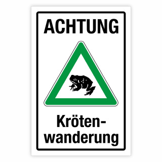 "Achtung Krötenwanderung grün" – Hochwertiges Sicherheitsschild für den Außenbereich 3 mm Alu-Verbund 300 x 200 mm