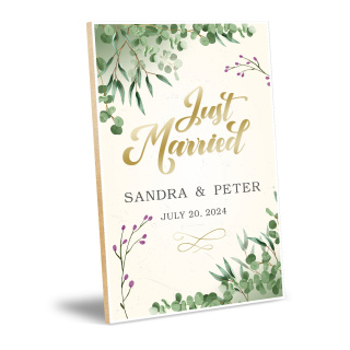 Holzschild "Just married" – Dekoschild mit Ihrem Wunschtext/Wunschnamen für die Hochzeit aus Holz 20x30 cm inkl. Wandhalterung