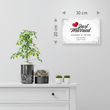 Holzschild "Just married" – Dekoschild mit Ihrem Wunschtext/Wunschnamen für die Hochzeit aus Holz 30x20 cm inkl. Wandhalterung