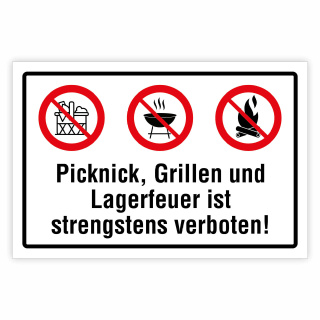 "Picknick, Grillen, Lagerfeuer verboten" – Hochwertiges Hinweisschild für den Außenbereich 300 x 200 mm