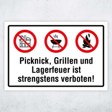 "Picknick, Grillen, Lagerfeuer verboten" – Hochwertiges Hinweisschild für den Außenbereich 300 x 200 mm